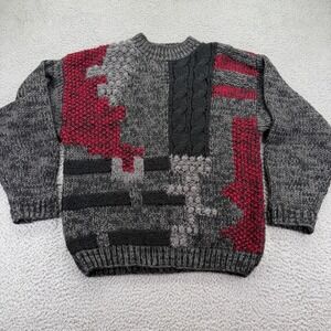 Street Scenes Vintage 90s Abstract Knit Sweater Mens Large Grey Black Red Chunky